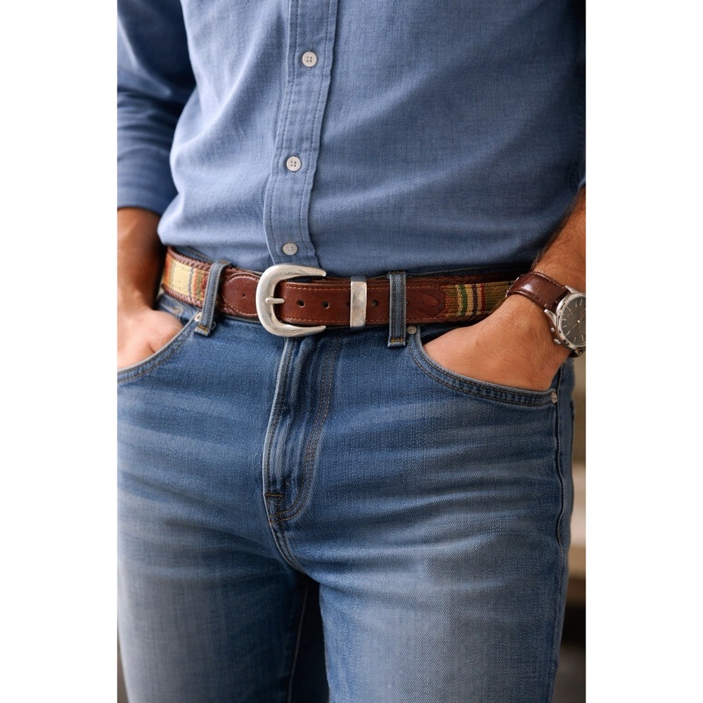 Brighton‎ Santos Fabric Braided Edge Western Leather Belt Silver Buckle Size 32